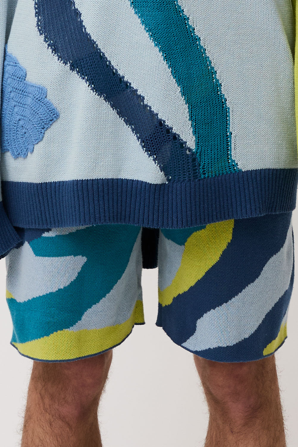 Blue Embroidered Leaf Sweater & Botanical Jacquard Knit Shorts