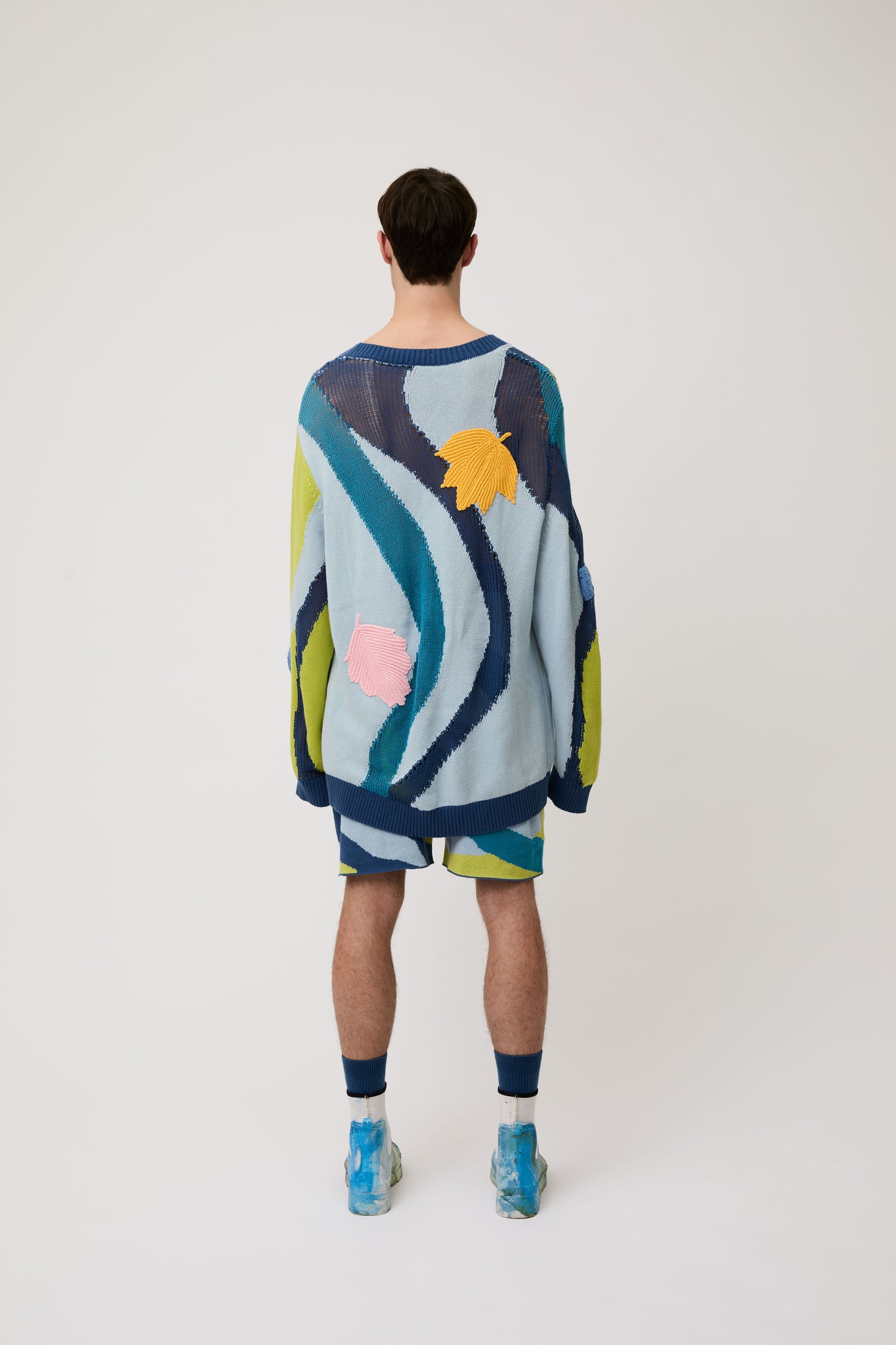 Blue Embroidered Leaf Sweater