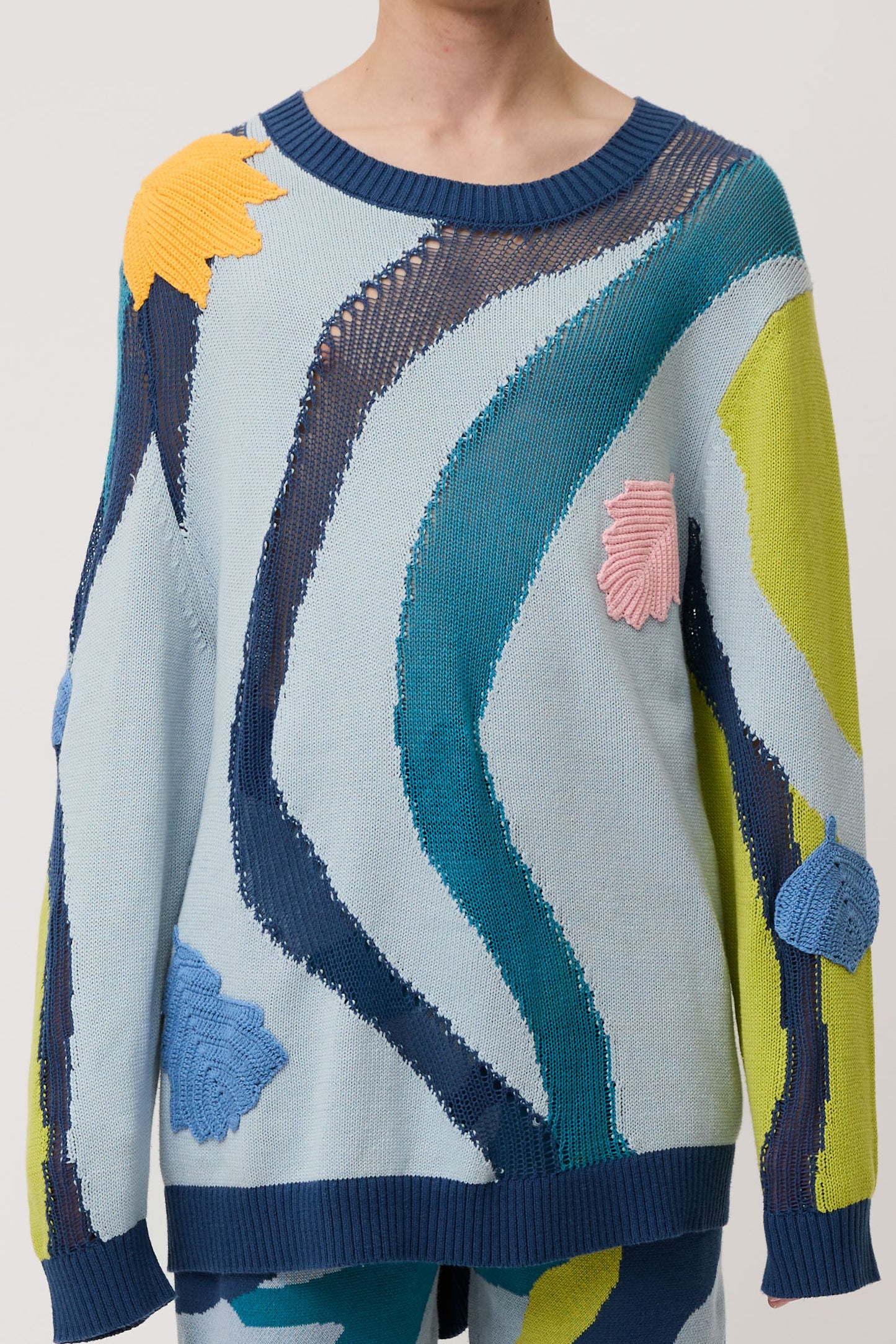 Blue Embroidered Leaf Sweater