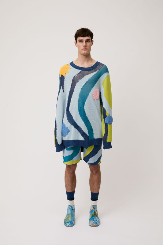 Blue Embroidered Leaf Sweater