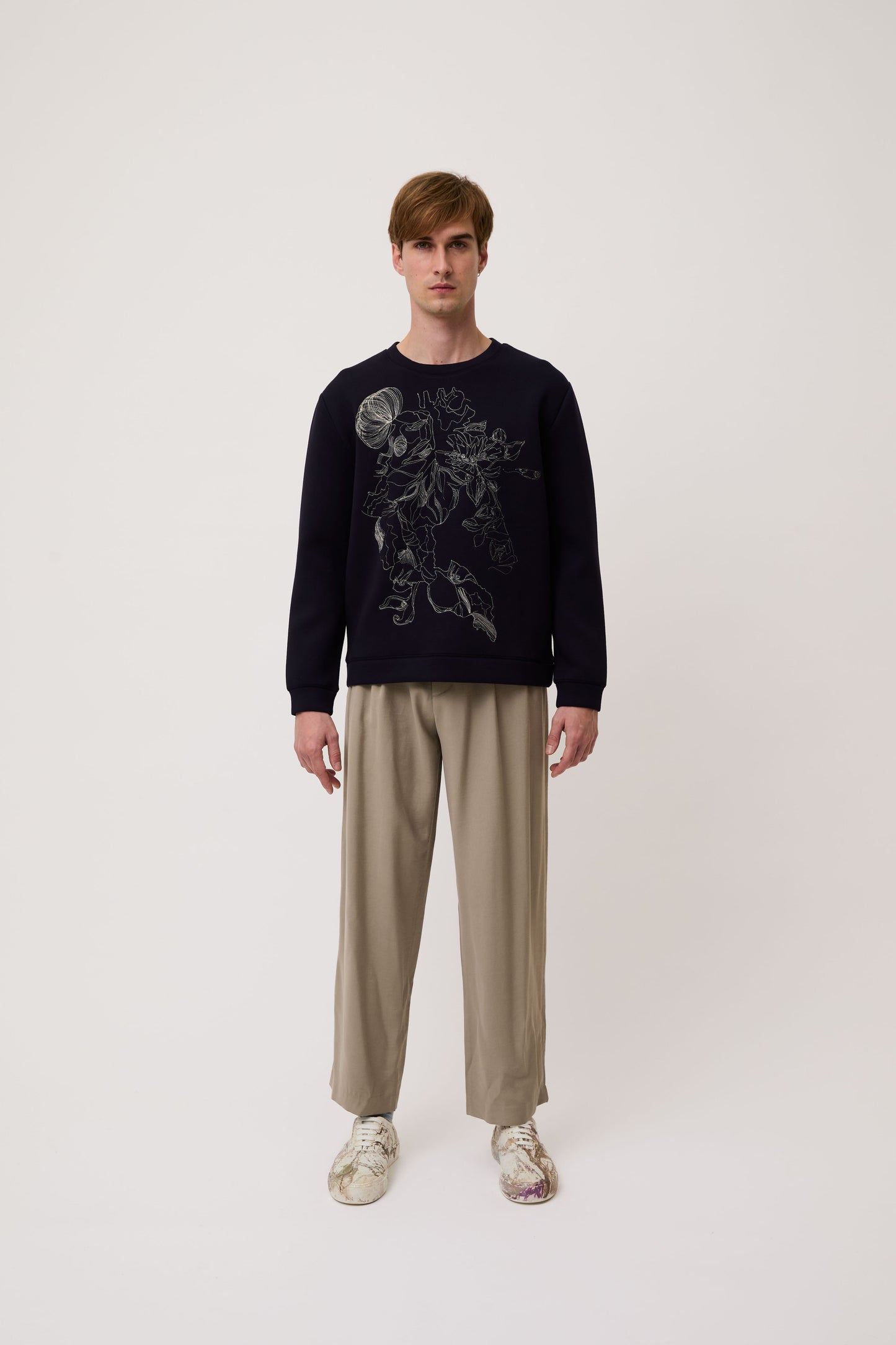 Deep Navy Embroidered Botanical Sweatshirt