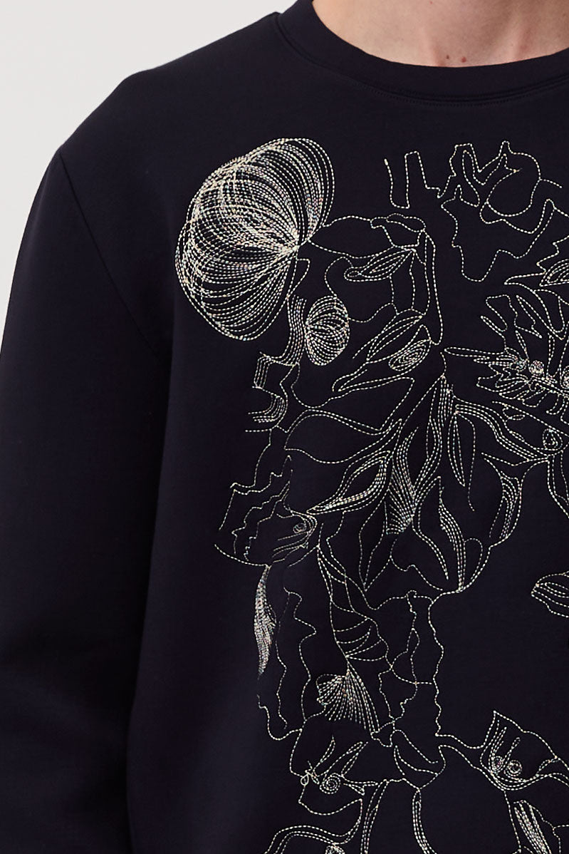 Deep Navy Embroidered Botanical Sweatshirt