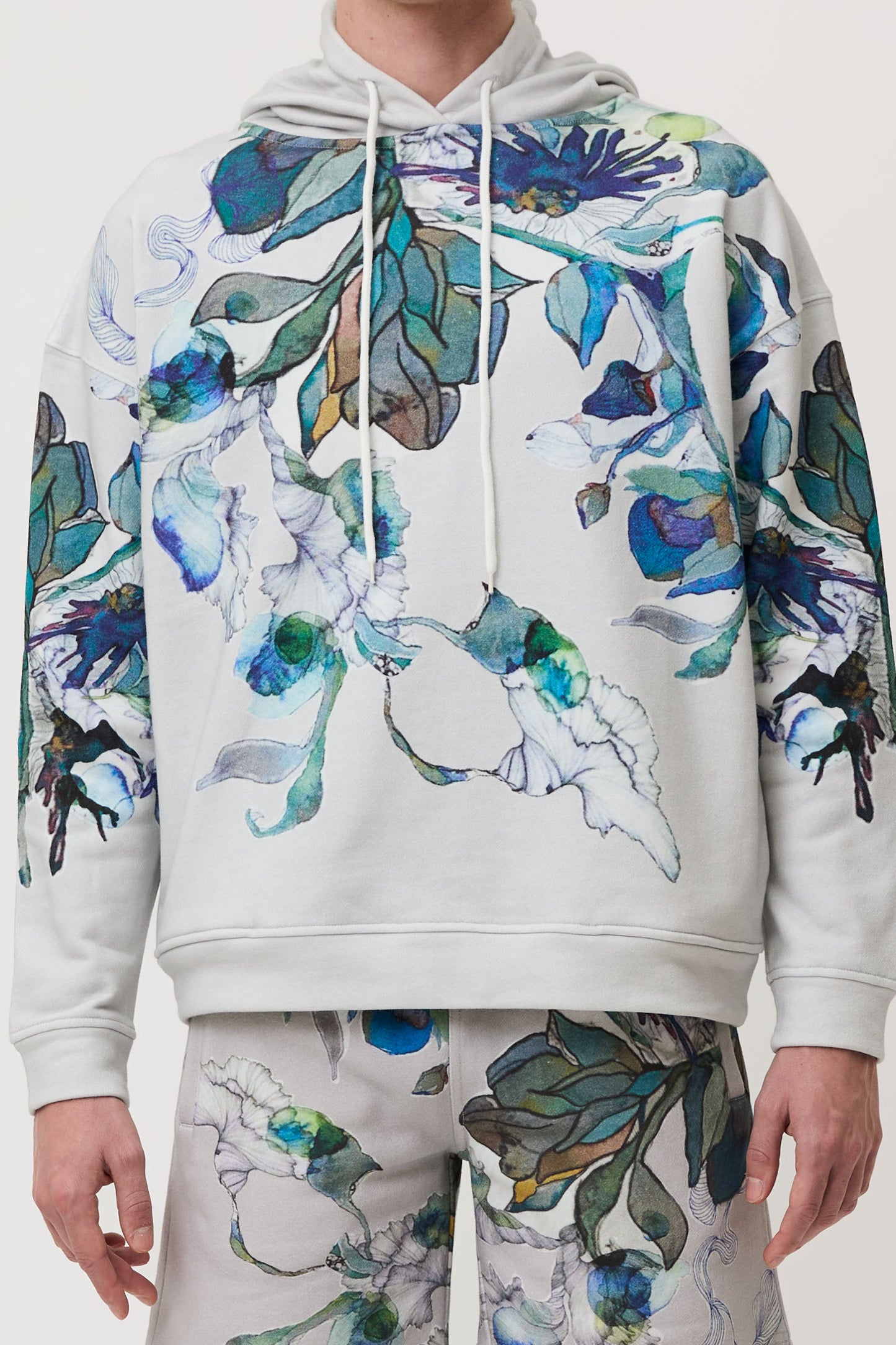 Grey Blue Bloom Cotton Hoodie