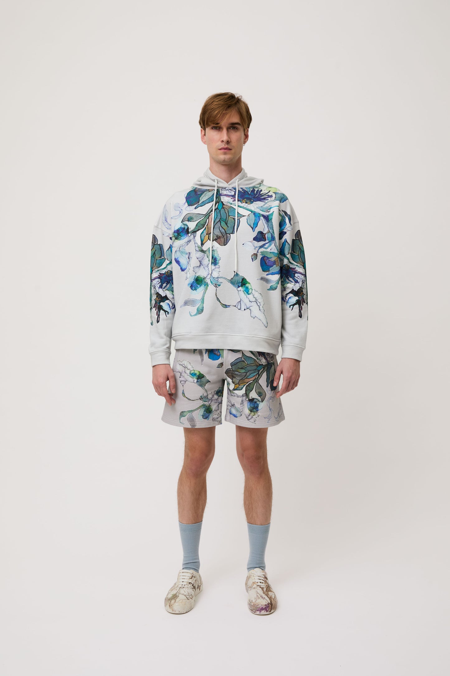 Grey Blue Bloom Cotton Hoodie