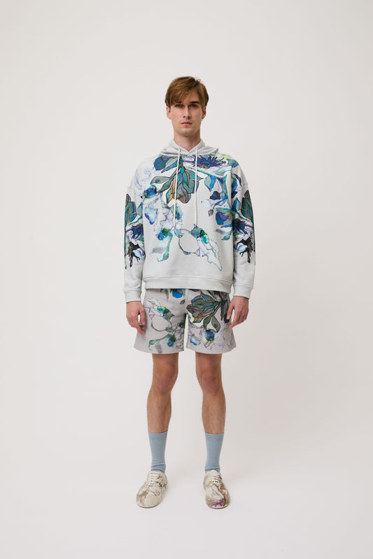 Grey Blue Bloom Cotton Hoodie